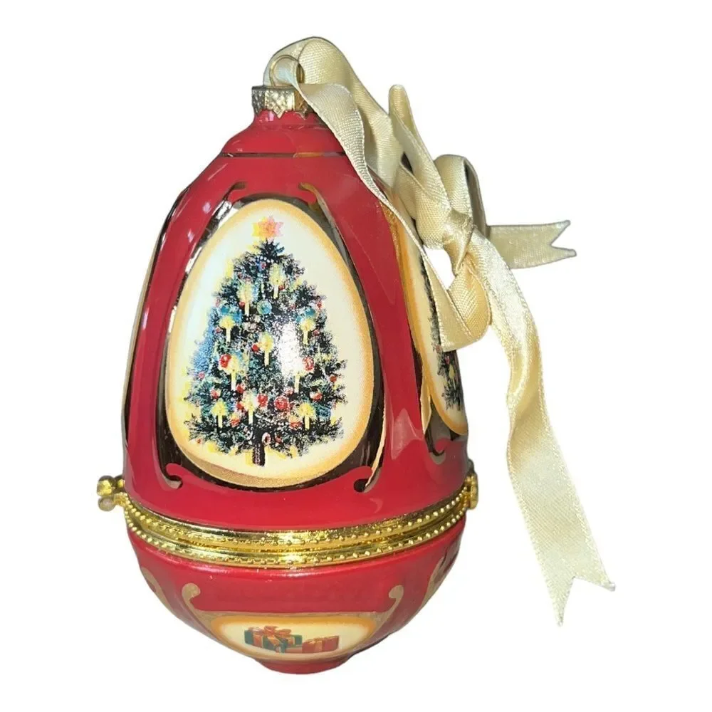 Valerie Parr Hill Christmas Egg Music Trinket Box Ornament Red Tree EUC